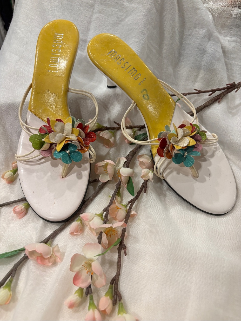 Mossimo Supply Co. White Thong Heels with Multicolor Flower Accents